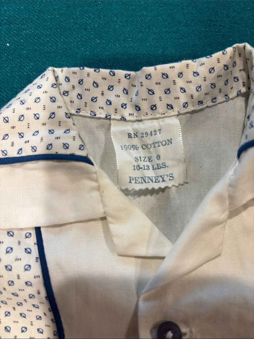 Penney’s Size 0 Vintage 2 Piece Cream and Navy Printed Baby Shirt Set